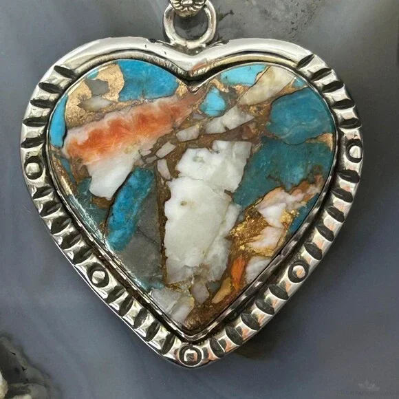 Sterling Southwestern Style Turquoise Spiny Oyster Heart Pendant For Women - Picture 6 of 10